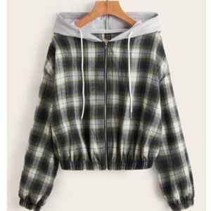 Tartan print drop shoulder drawstring hooded jacket size small